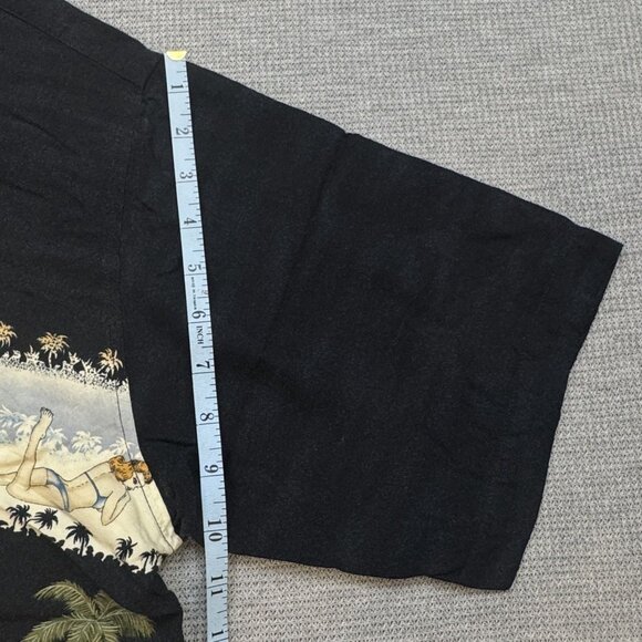 Vintage Consensus Sportswear Hawaiian Shirt Size L Black Palm Tree Pin-Up Girl - Picture 12 of 13